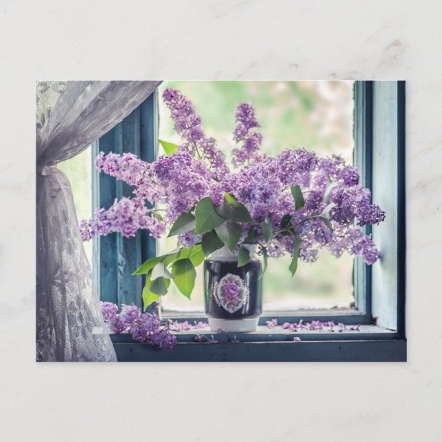 Vackra Lila Lilac Flowers i Vas Vykort (Framsida)