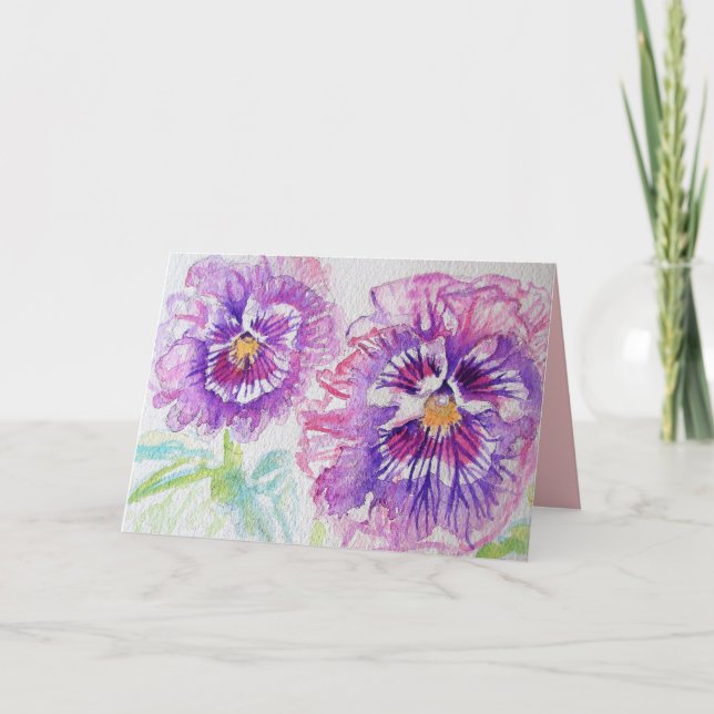 Vackra lila penséblommor Akvarellkort Kort (Framsida)