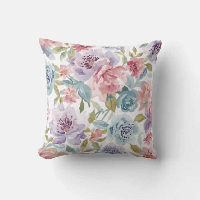 Vackra lila rosa blommor akvareller kudde (Framsida)