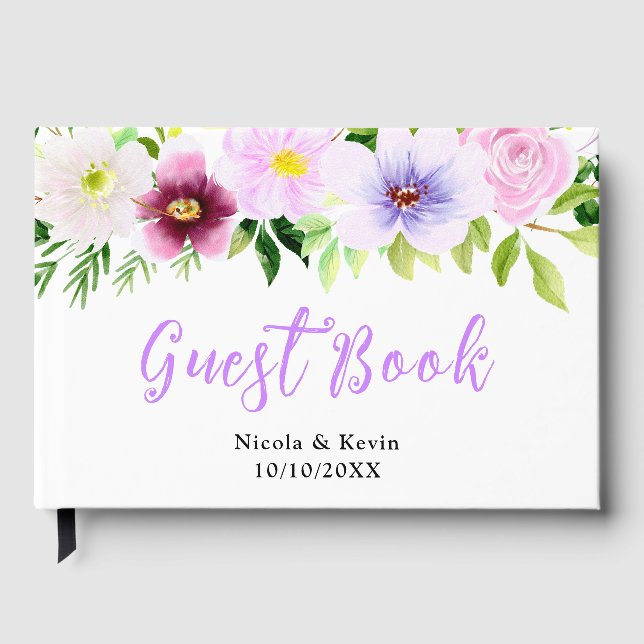 Vackra lila vårblommor med lövverk gästböcker (Framsida)