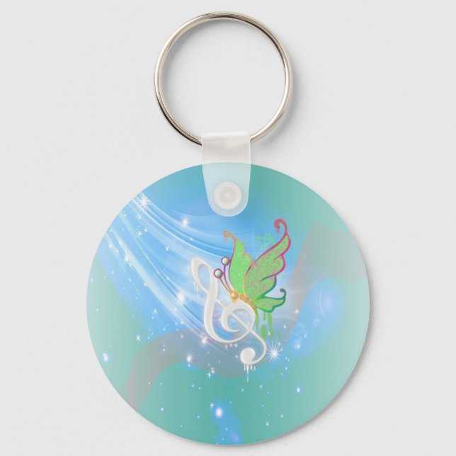 Vackra, ljusa coolor, vita musikanteckningsfjäril nyckelring (Framsida)