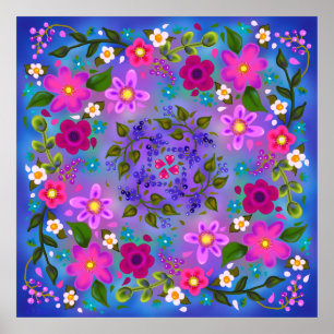 Vackra ljusa Rosa Flowers och Blue Berries Poster