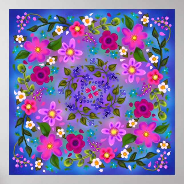 Vackra ljusa Rosa Flowers och Blue Berries Poster (Framsidan)