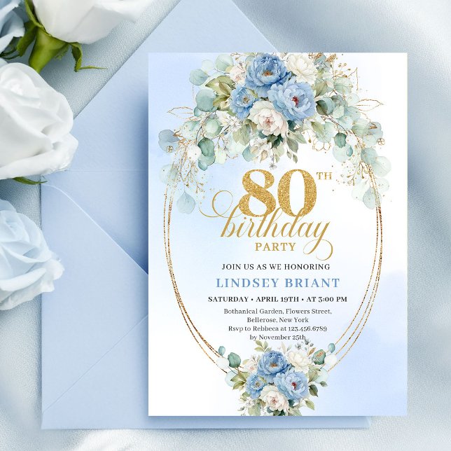 Vackra Ljusblå Krysantemum Guld Ram 80-årsdag Inbjudningar (Pretty Light Blue Peonies Gold Frame 80th Birthday)