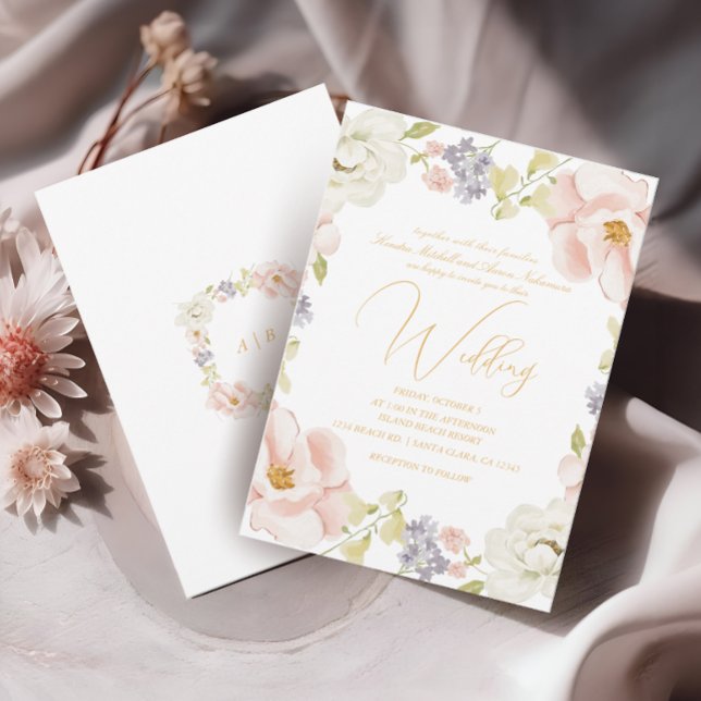 Vackra Magnolia Flower Vår Monogram Bröllop Inbjudningar (Skapare uppladdad)