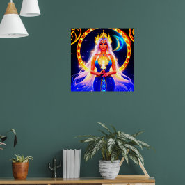 Vackra Måne guddess med flytande vitt hår Poster