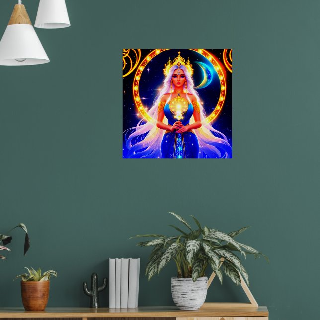 Vackra Måne guddess med flytande vitt hår Poster (Vardagsrum 1)