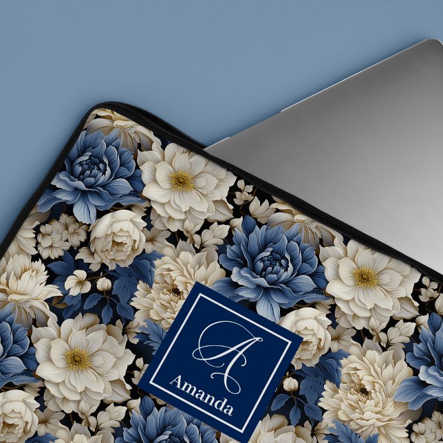 Vackra Marinblå Blommor Blått Blommigt Förvaringsf Laptop Fodral (Beautiful Navy Flowers Blue Floral Laptop Sleeve Case)