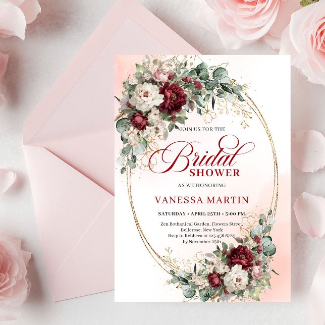 Vackra Marsala Blommor Guld Bröllopsfest Inbjudan (Pretty Marsala Flowers Gold Bridal Shower Invite

)