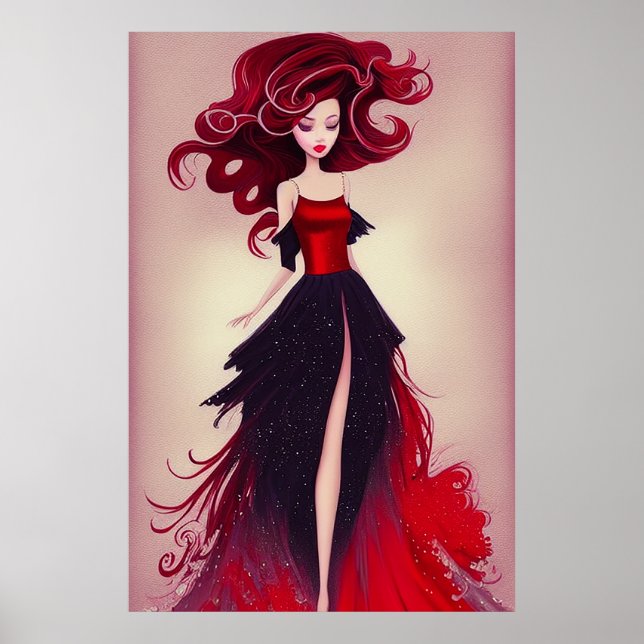 Vackra Mode-skissen av Woman med Red Hair Poster (Framsidan)