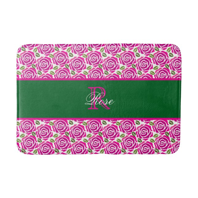 Vackra Moderna Rosa Magenta Rosor Monogram Badrumsmatta (Framsidan)