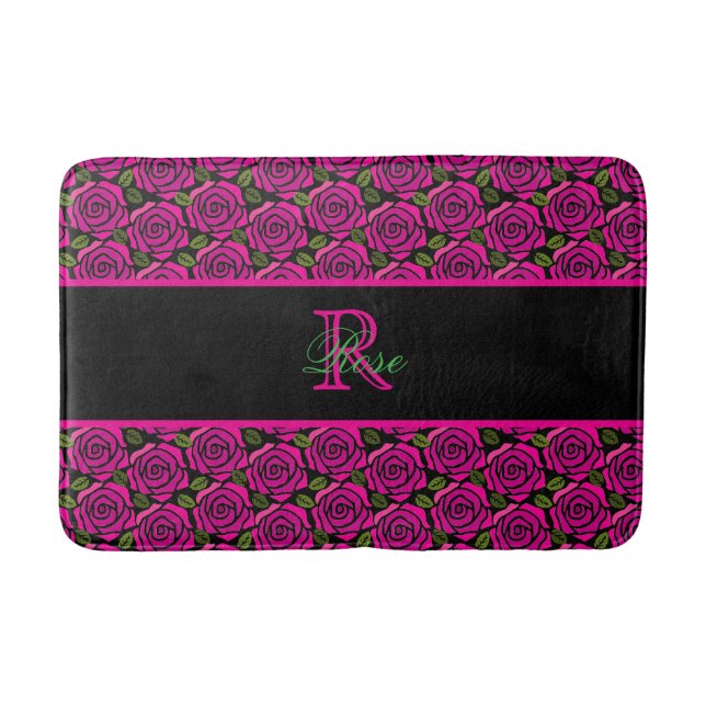 Vackra Moderna Rosa Magenta Rosor Monogram Badrumsmatta (Framsidan)