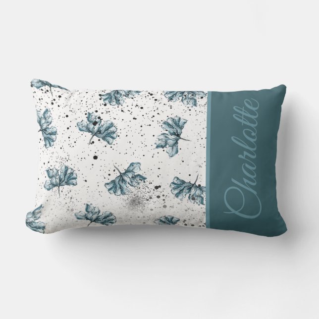 Vackra Monogram stålblå Blommigt Lumbarkudde (Framsida)
