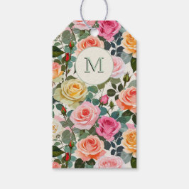 Vackra monogramiserade blomsterträdgårdsrosor eleg presentetikett