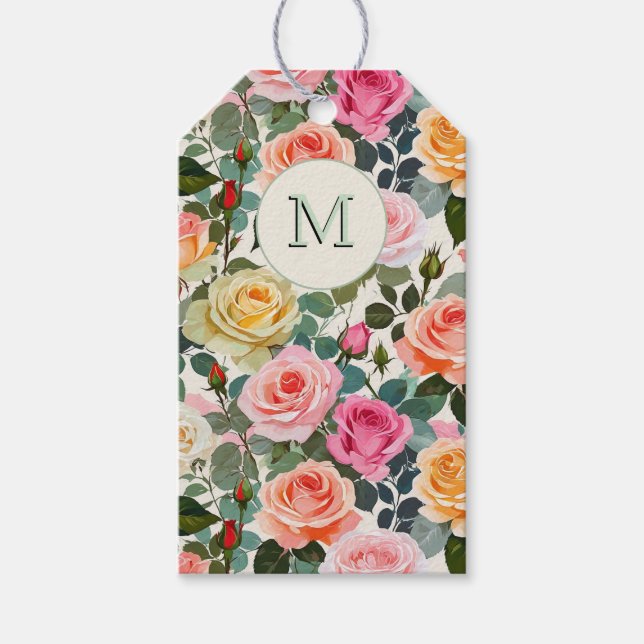Vackra monogramiserade blomsterträdgårdsrosor eleg presentetikett (Framsidan)