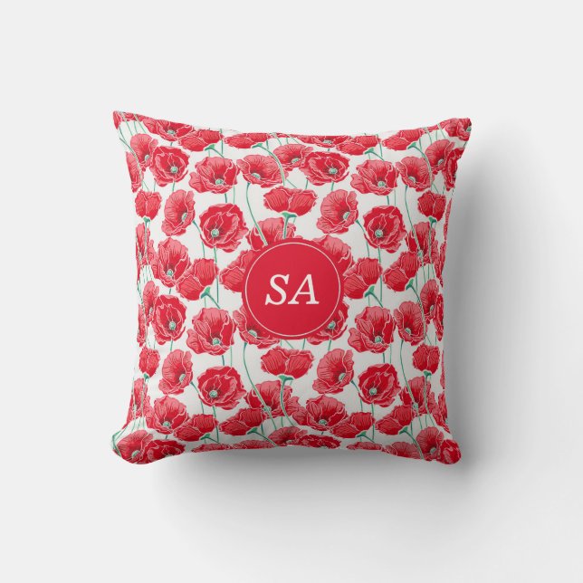 Vackra Monogrammerade Röda Vallmo Blommiga Vita  Kudde (Framsida)