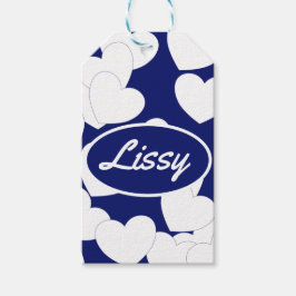 Vackra Mörk blått och vita hjärtan, eget namn Presentetikett