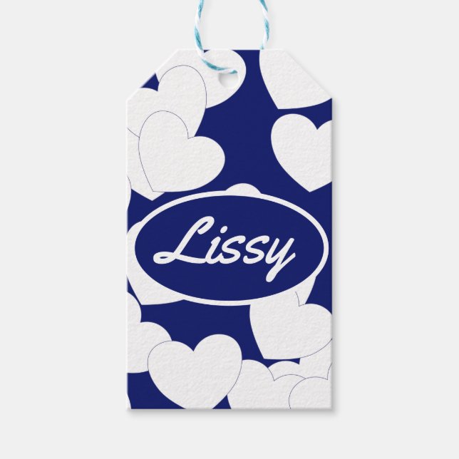 Vackra Mörk blått och vita hjärtan, eget namn Presentetikett (Framsidan)