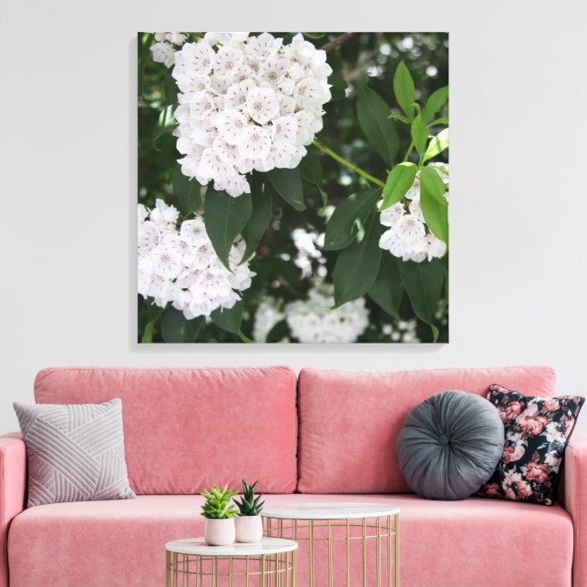Vackra Mountain Laurel Vita Blommor Canvastryck (Insitu (Vardagsrum))