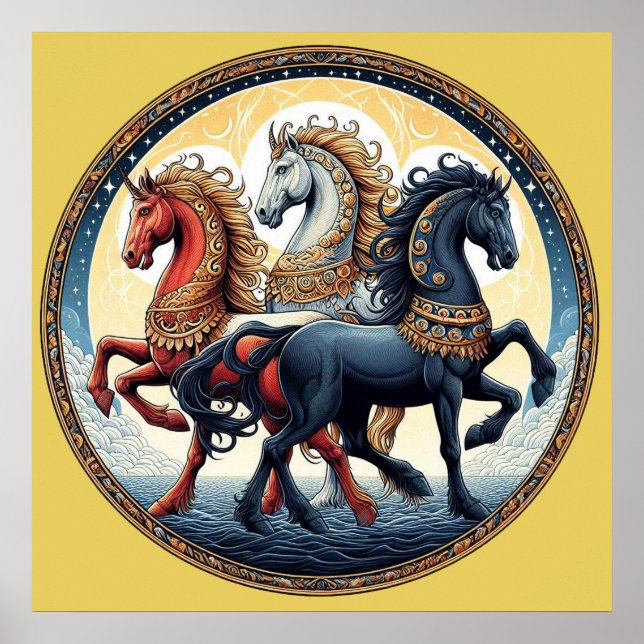 "Vackra Mystical Red, White and Blue Horses" 7 Poster (Framsidan)