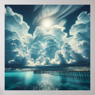 Vackra Ocean-, Dock- och Fluffy-moln Poster