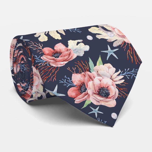 Vackra oceansymboler över djupblått slips (Rullad)