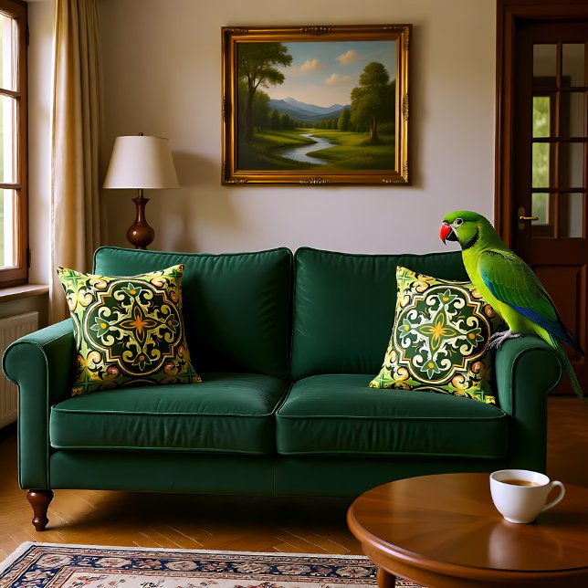 💚💛 Vackra oliver och gult Azulejos Kudde (Beautiful olive and yellow Azulejos Throw Pillow)