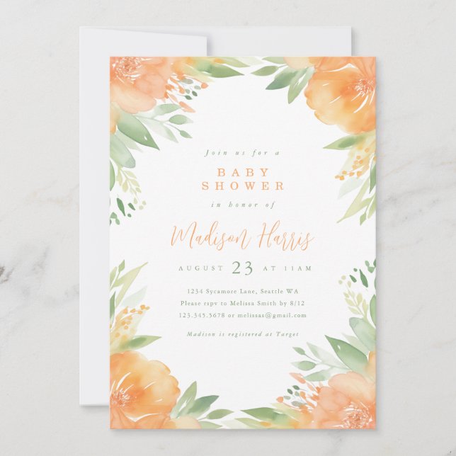 Vackra Orange Blommor Bebis Shower Inbjudan (Framsida)