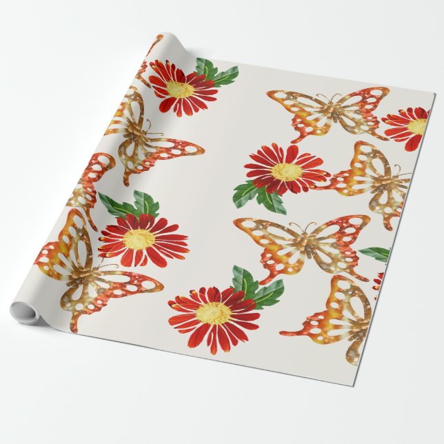 Vackra orange blommor och fjärilar  presentpapper (Utrullad)