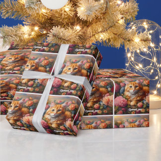 Vackra Orangen Tabby katt och Blommor Presentpapper