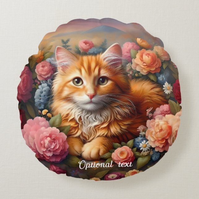 Vackra Orangen Tabby katt och Blommor Rund Kudde (Framsidan)