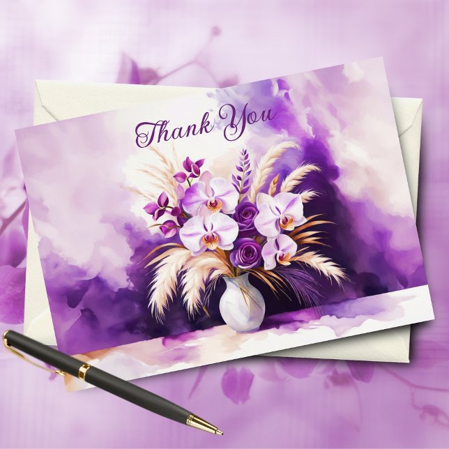 Vackra orkidéer och Ro Pampas Tack Kort (Capture elegance with soft watercolors, perfect for expressing heartfelt thanks.)