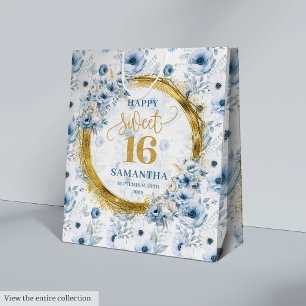 Vackra Pastel Blue Sweet 16 Guld Glitter Bags