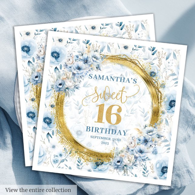 Vackra Pastel Blue Sweet 16 Guld Glitter Napkin Pappersservett (Beautiful Pastel Blue Sweet 16 Gold Glitter Napkins)