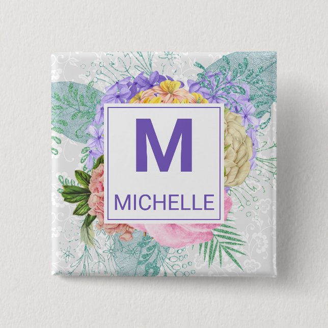 Vackra pastellfärgade vårblommor monogram knapp (Framsida)
