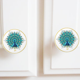 Vackra peacock i Blue Teal Guld Knopp