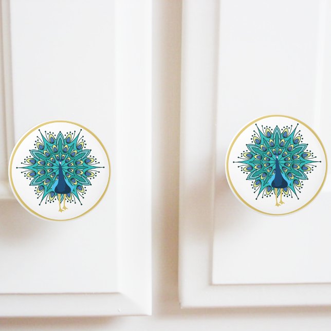 Vackra peacock i Blue Teal Guld Knopp (Skapare uppladdad)