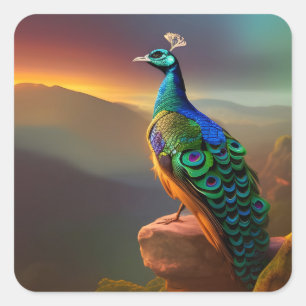 Vackra peacock välkomnar dagen fyrkantigt klistermärke