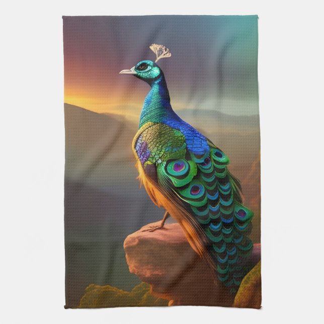 Vackra peacock välkomnar dagen kökshandduk (Vertikal)