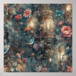 Vackra perioden Rococo Garden Birds and Flowers Poster