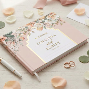 Vackra persikor och Guld Blommigt Bröllop Gästböcker
