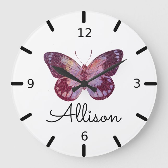 Vackra Personligens Lila Butterfly Stor Klocka (Framsida)