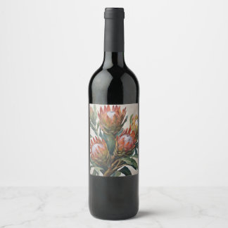 Vackra Protea Flowers från södra Afrikan Vinflaska Etikett