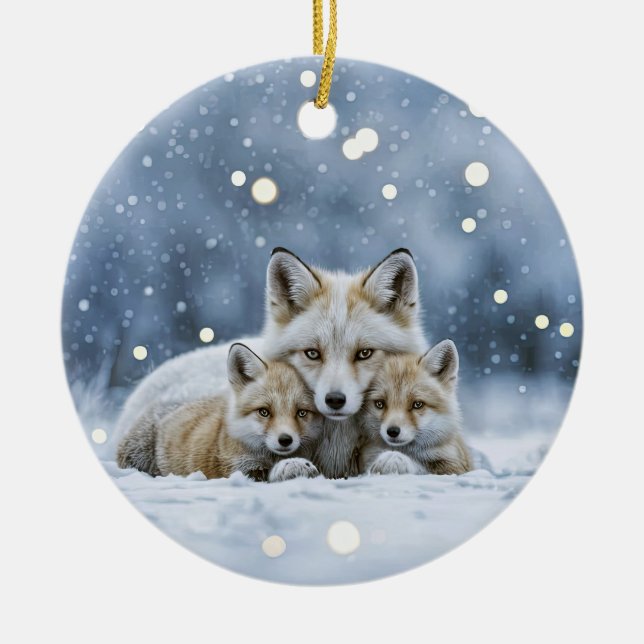 Vackra Rävar i Snö Jul Julgransprydnad Keramik (Framsidan)