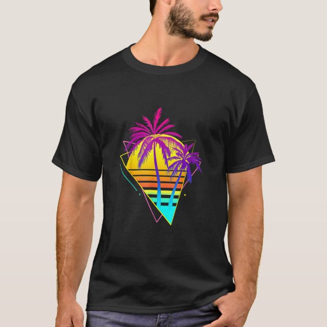 Vackra Retro 90-talets Vaporwave Tropical Sunset T Shirt (Framsida)