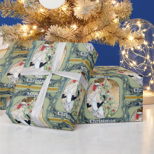 Vackra Retro Dam och Julgran Presentpapper (Helgdagar)
