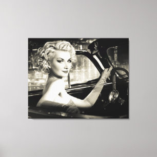 Vackra Retro Woman i konvertibel Canvastryck