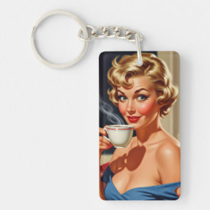 Vackra Retro Woman med en kopp kaffe