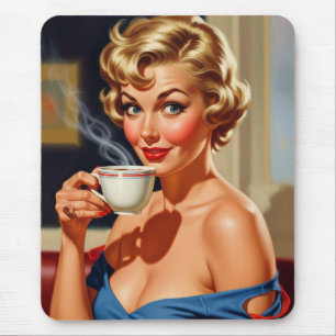 Vackra Retro Woman med en kopp kaffe Musmatta