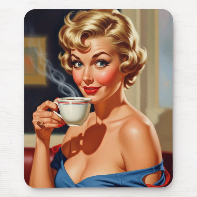 Vackra Retro Woman med en kopp kaffe Musmatta (Framsidan)